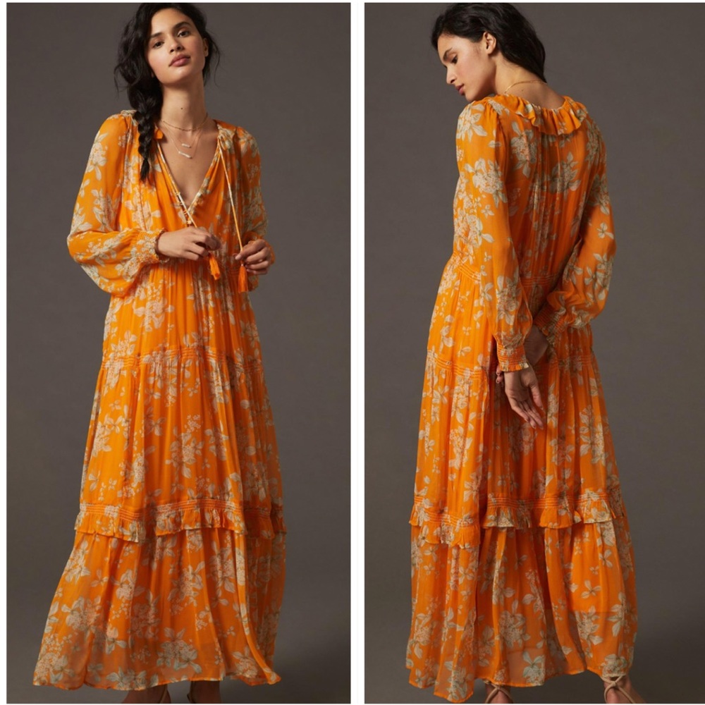 Anthropologie Marais Orange Maxi Dress Size L